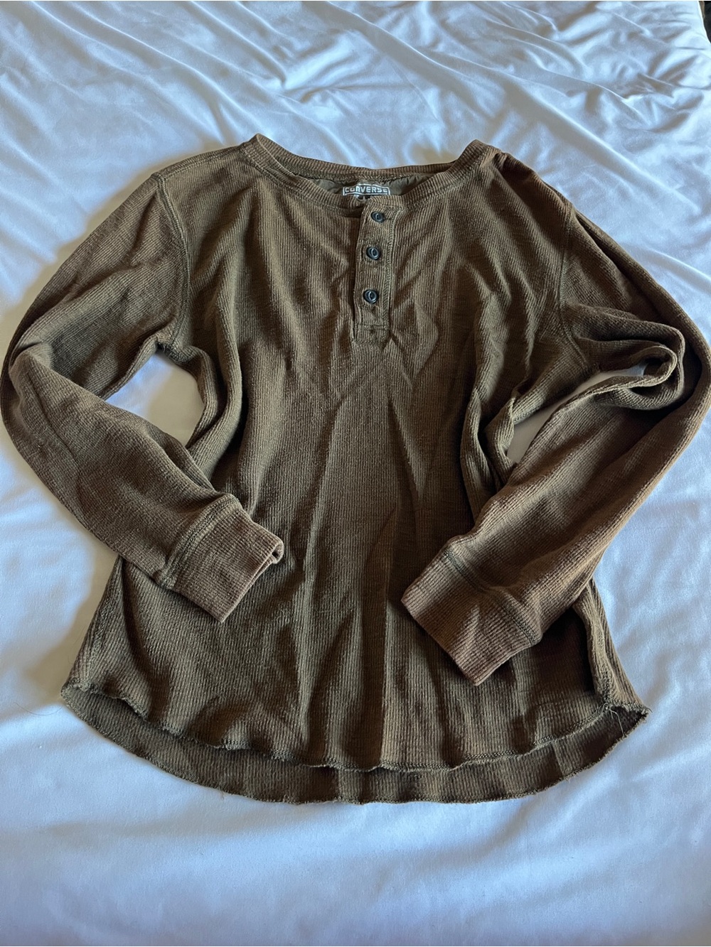 Converse Women's Brown Long Sleeve Henley Thermal Top